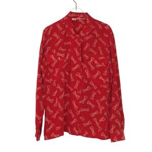 1980s Vintage Red Silk Button Down Collared Blouse with Polka Dot Bows Small
